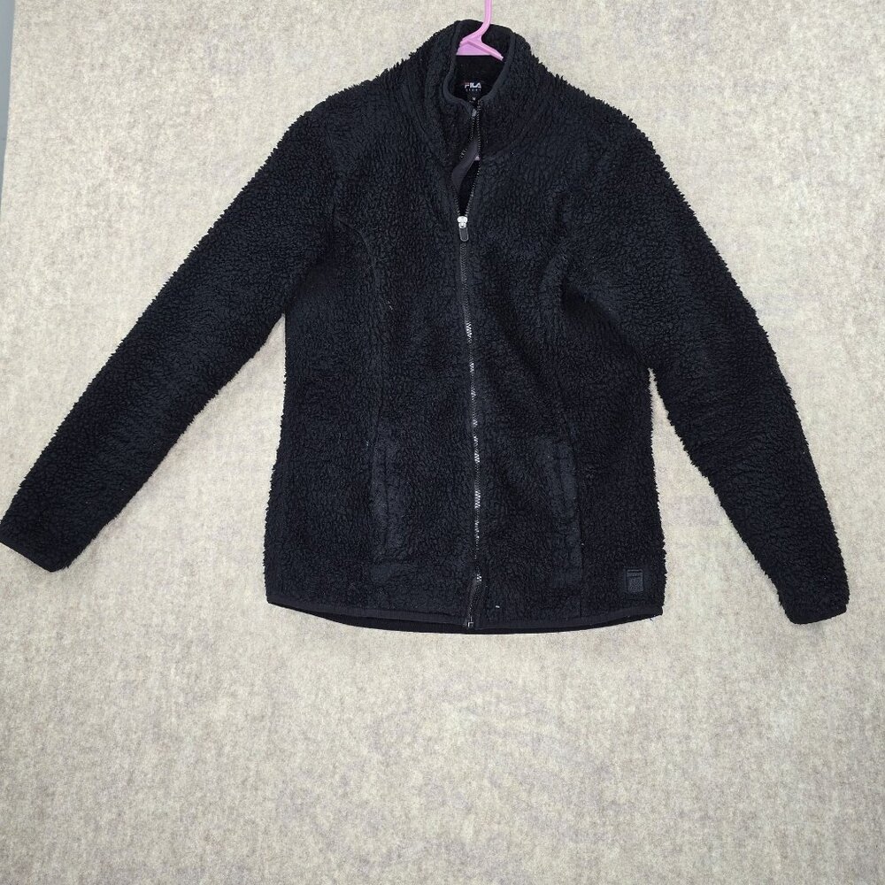 Fila Sport Womens Full-Zip Sherpa Jacket Black Size M Soft Polyester Cozy Casual